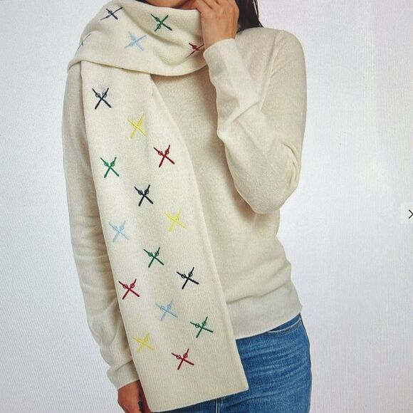 Mark & Graham Embroidered Ski Scarf Ivory Wool Blend Multicolor Ski Poles - Picture 2 of 12